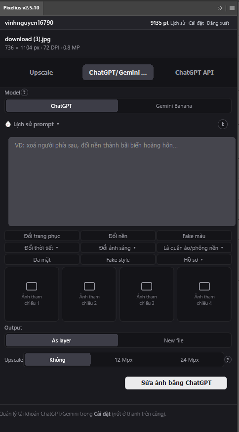 Pixelius — sửa ảnh bằng ChatGPT và Gemini