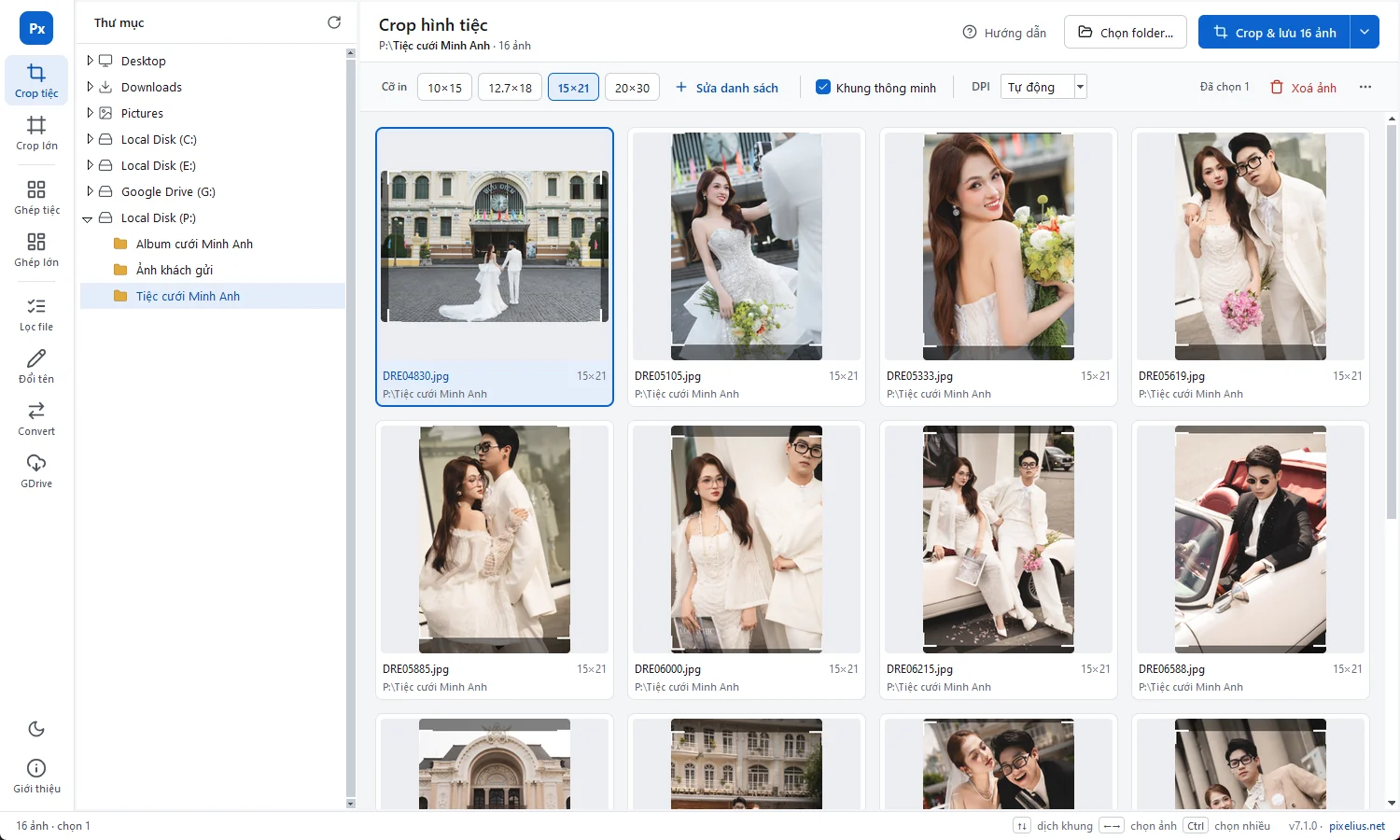 Pixelius Tools: tab Crop hình tiệc với 16 ảnh cưới, khung thông minh và cỡ in 15×21